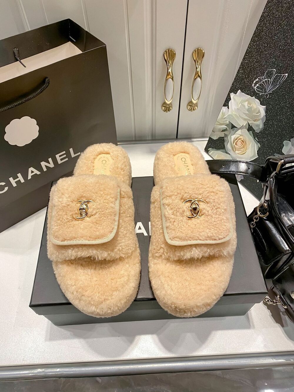 Chanel Beige Teddy Furry Slide Sandals Gold CC Logo